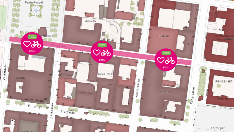 Kartbild med rosa markering som visar den del av Norrgatan som kommunen testar cykelgata.